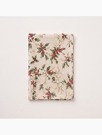Kersttafelkleed met natuurlijke linnenlook en hulstprint - gamusi.