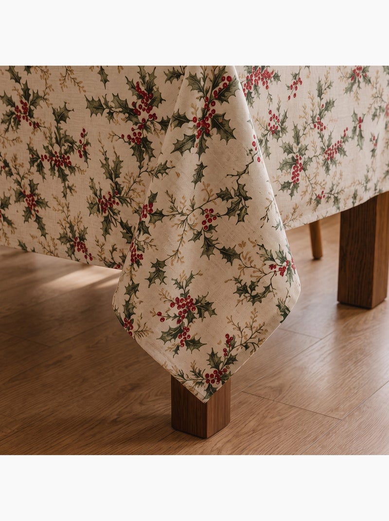 Kersttafelkleed met natuurlijke linnenlook en hulstprint - gamusi. Linnen - Kiabi