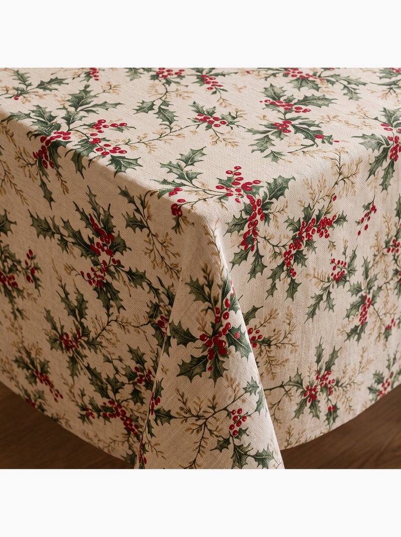 Kersttafelkleed met natuurlijke linnenlook en hulstprint - gamusi. Linnen - Kiabi