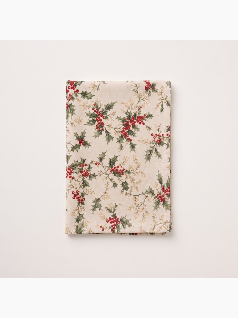 Kersttafelkleed met natuurlijke linnenlook en hulstprint - gamusi. Linnen - Kiabi