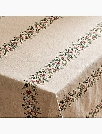Kersttafelkleed met natuurlijke linnenlook en kerstguirlandeprint - gamusi.
