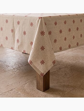 Kersttafelkleed met natuurlijke linnenlook en sneeuwvlokkenprint - gamusi.