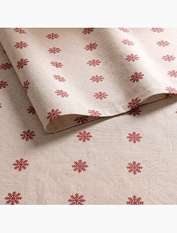 Kersttafelkleed met natuurlijke linnenlook en sneeuwvlokkenprint - gamusi.