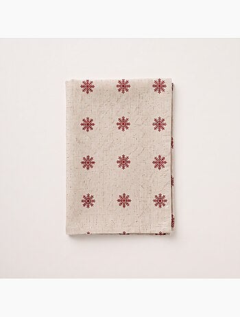 Kersttafelkleed met natuurlijke linnenlook en sneeuwvlokkenprint - gamusi.