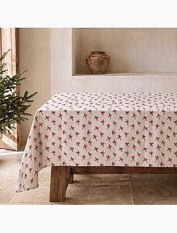 Kersttafelkleed met natuurlijke linnenlook en strikkenprint - gamusi.