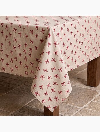 Kersttafelkleed met natuurlijke linnenlook en strikkenprint - gamusi.