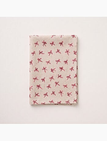 Kersttafelkleed met natuurlijke linnenlook en strikkenprint - gamusi.