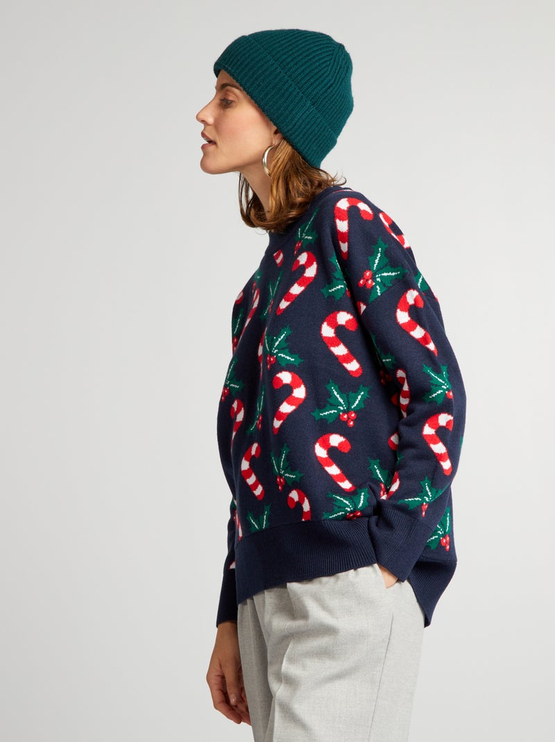 Kersttrui met suikerstok en hulst BLAUW - Kiabi