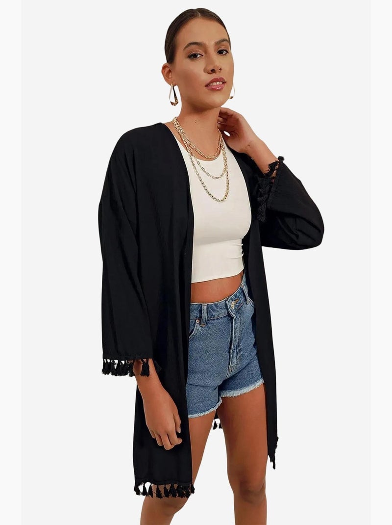 Kimono de plage midi avec détails à pompons bdart Noir - Kiabi