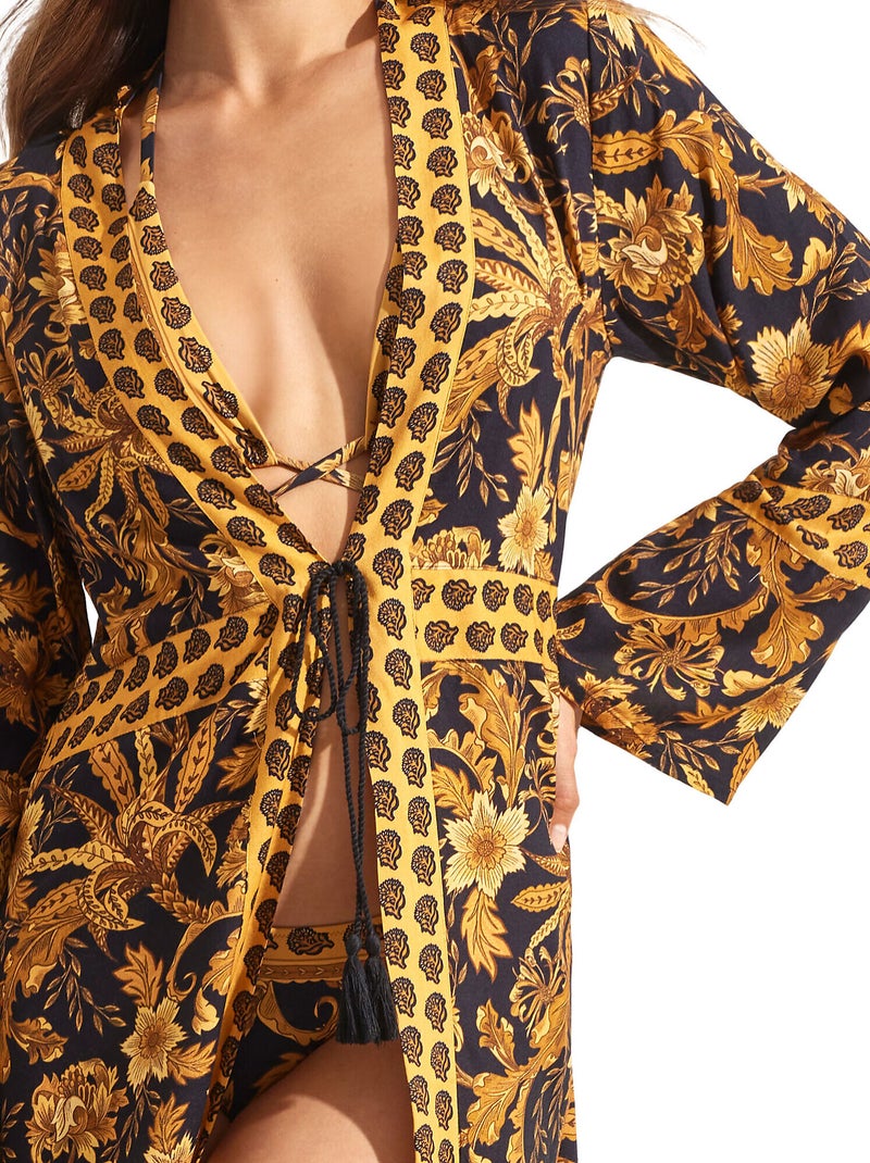 Kimono long de plage acanthus Noir - Kiabi