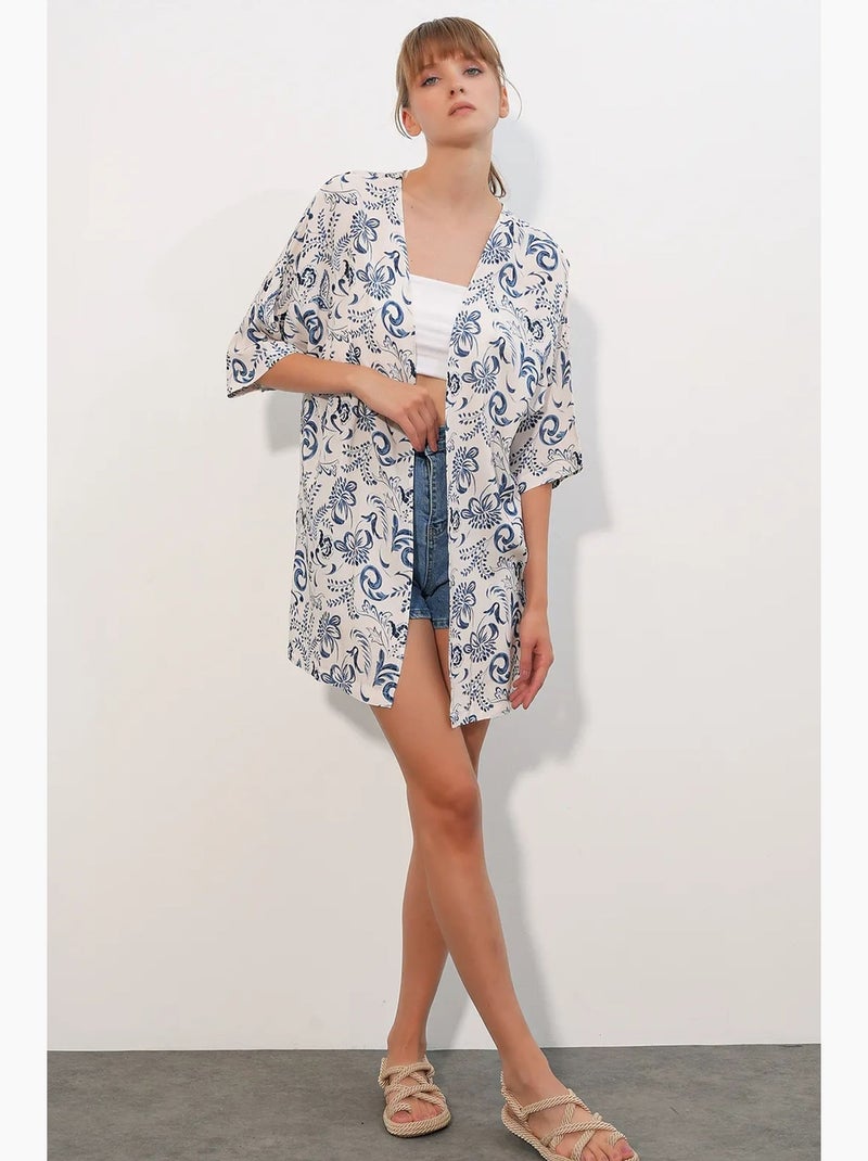 Kimono long imprimé en viscose bdart Blanc Bleu - Kiabi