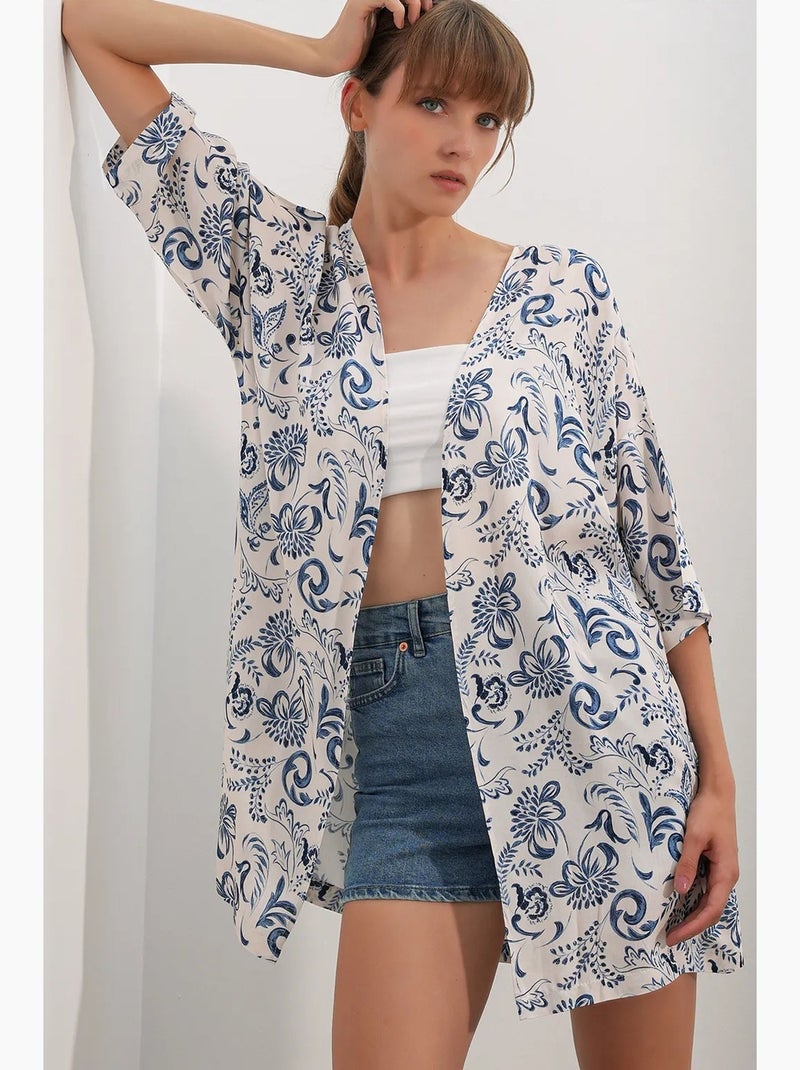 Kimono long imprimé en viscose bdart Blanc Bleu - Kiabi