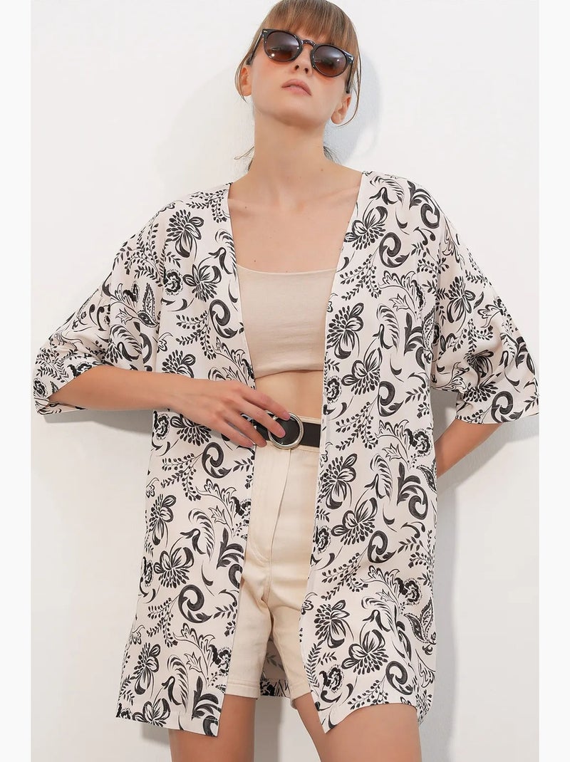 Kimono long imprimé en viscose bdart Blanc Noir - Kiabi