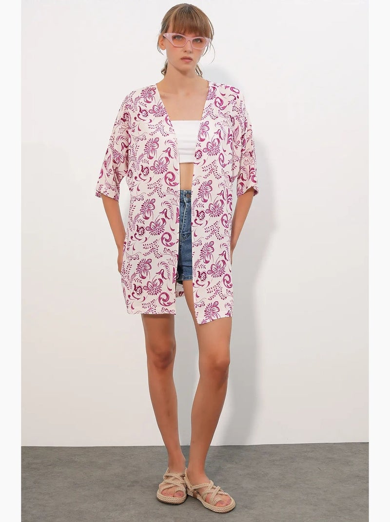 Kimono long imprimé en viscose bdart Blanc Rose - Kiabi