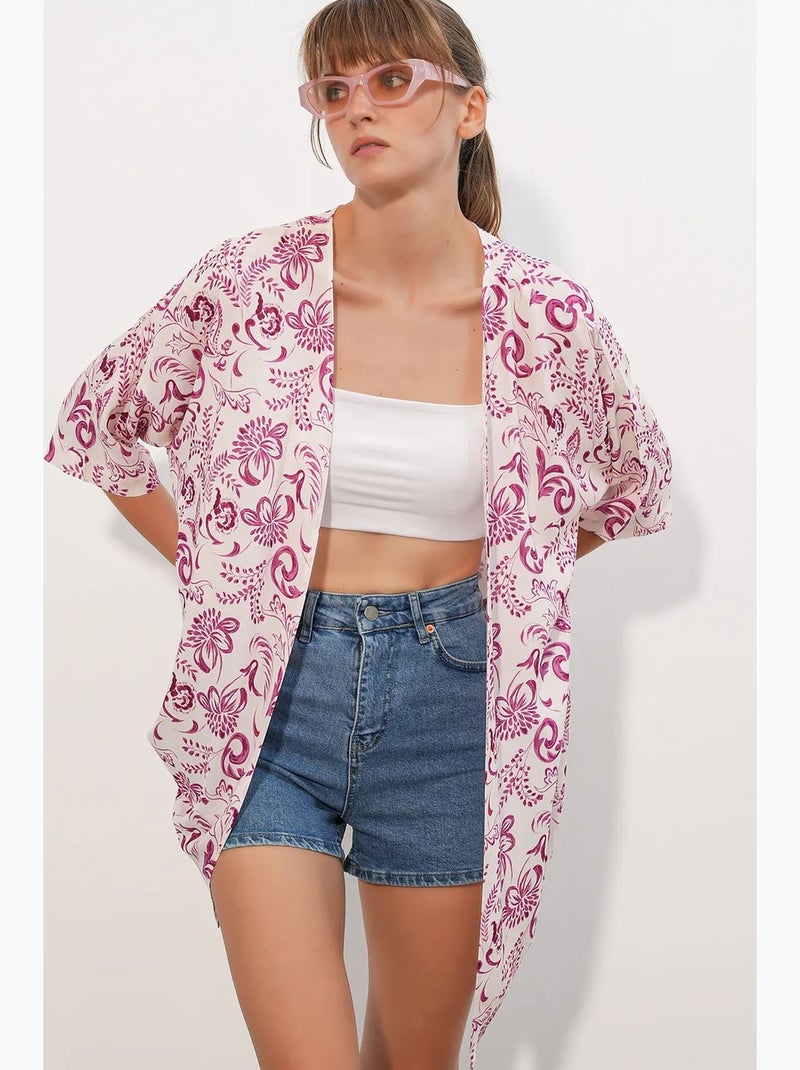 Kimono long imprimé en viscose bdart Blanc Rose - Kiabi