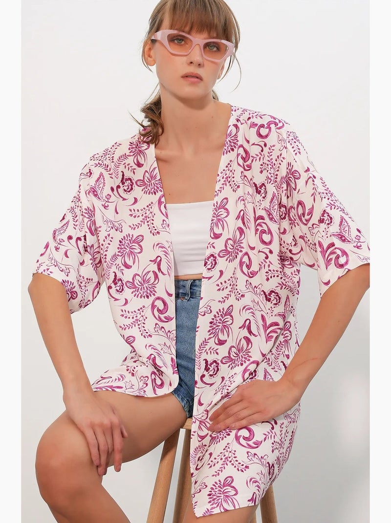 Kimono long imprimé en viscose bdart Blanc Rose - Kiabi