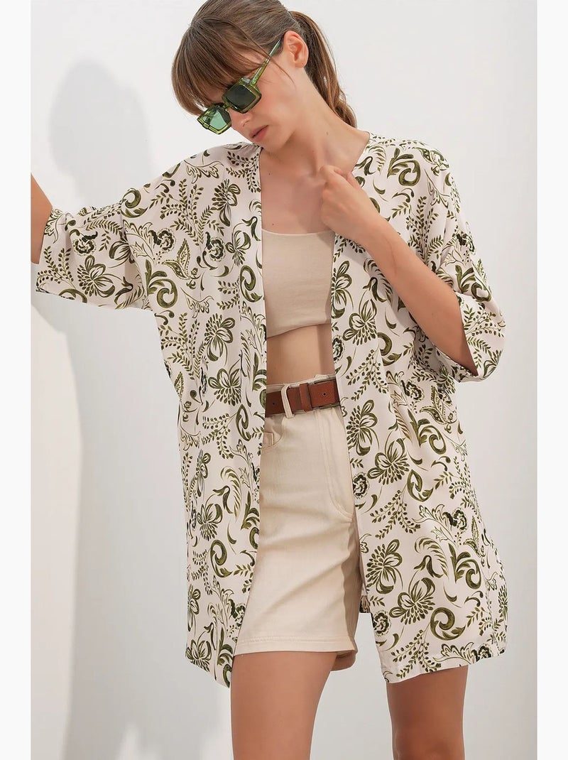 Kimono long imprimé en viscose bdart Blanc Vert - Kiabi