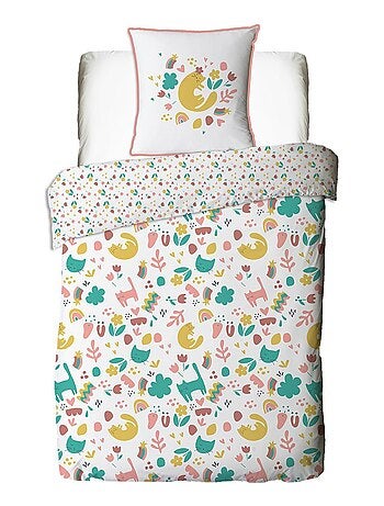 Kinderdekbedovertrekset omkeerbaar 100% katoen met kat en bloemen wit – Future Home