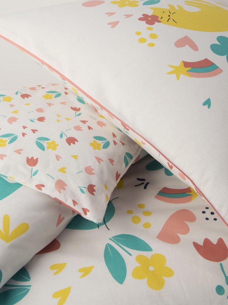 Kinderdekbedovertrekset omkeerbaar 100% katoen met kat en bloemen wit – Future Home Wit - Kiabi