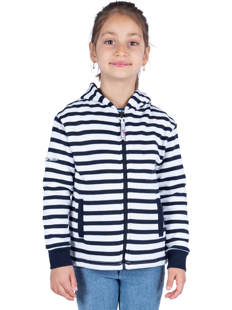 Kinderjas met ritssluiting, gemaakt van fleece, model 'Breizh Océan', katoenen jas Wit/Marineblauw - Kiabi