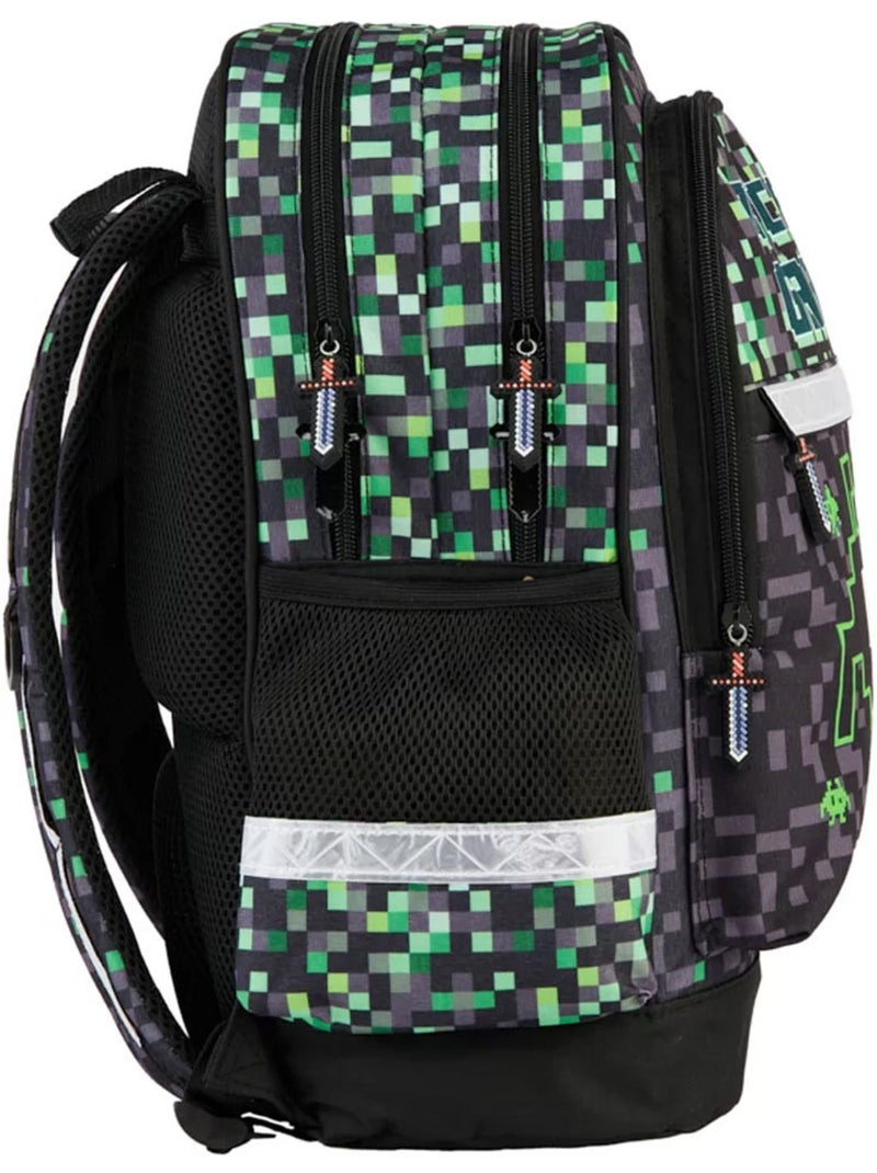 Kinderrugzak Arcade Game motief Pixel Alien 2 vakken 41 cm Zwart Groen Grijs - Kiabi