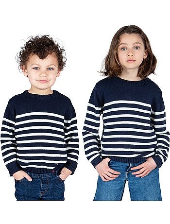Kindertrui 'Breizh Océan' met Bretonse strepen, dikke katoenen trui voor jongens en meisjes.