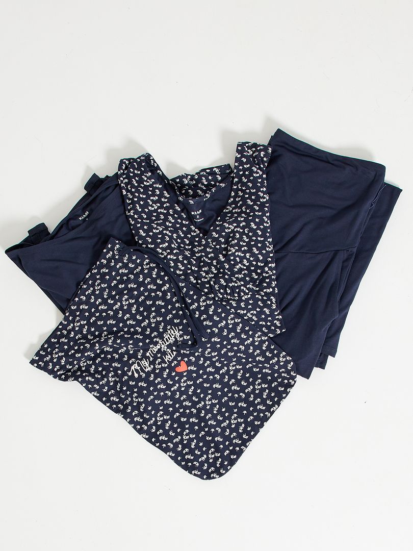Kit grossesse t-shirt + gilet + pantalon bleu fleuri - Kiabi