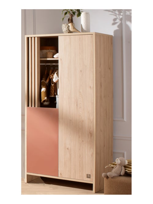 Kleerkast met 2 deuren en 1 open vak met houten lattenwand in zachte eik decor - Kiabi Kleerkast met 2 deuren en 1 open vak met houten lattenwand in zachte eik decor - Kiabi