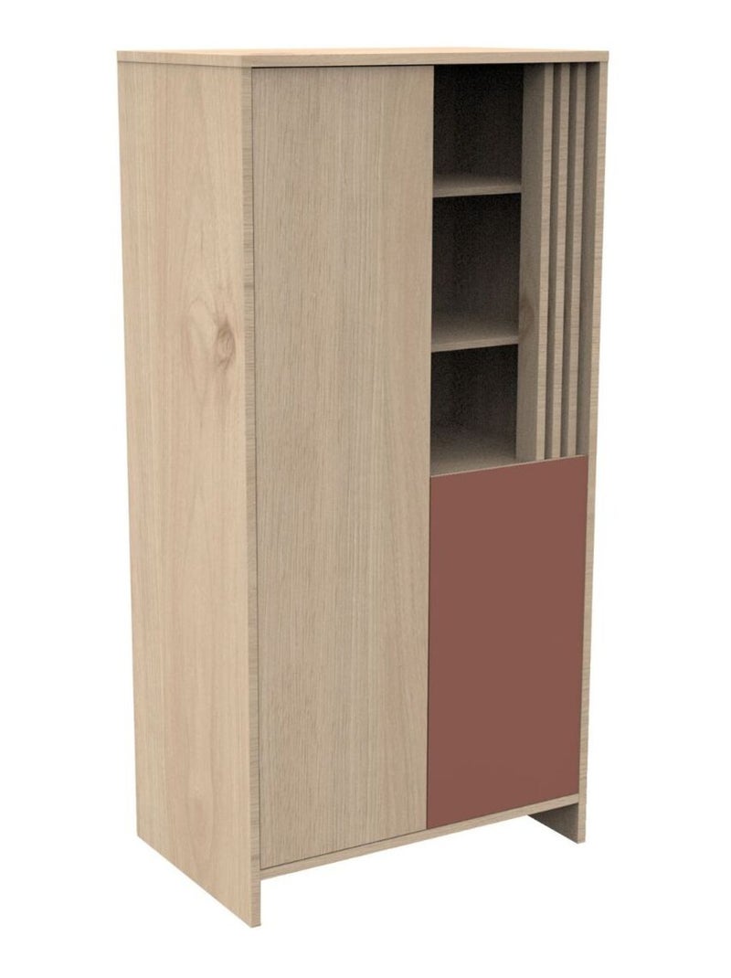 Kleerkast met 2 deuren en 1 open vak met houten lattenwand in zachte eik decor Rood - Kiabi