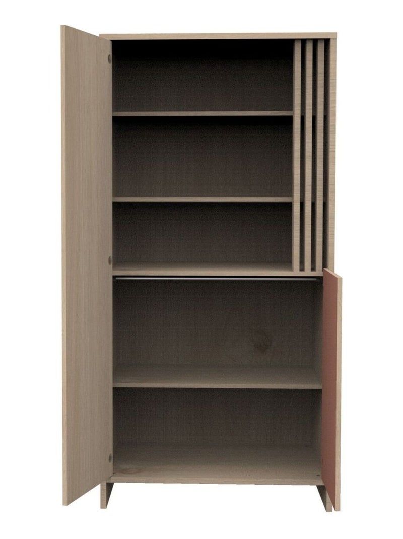 Kleerkast met 2 deuren en 1 open vak met houten lattenwand in zachte eik decor Rood - Kiabi