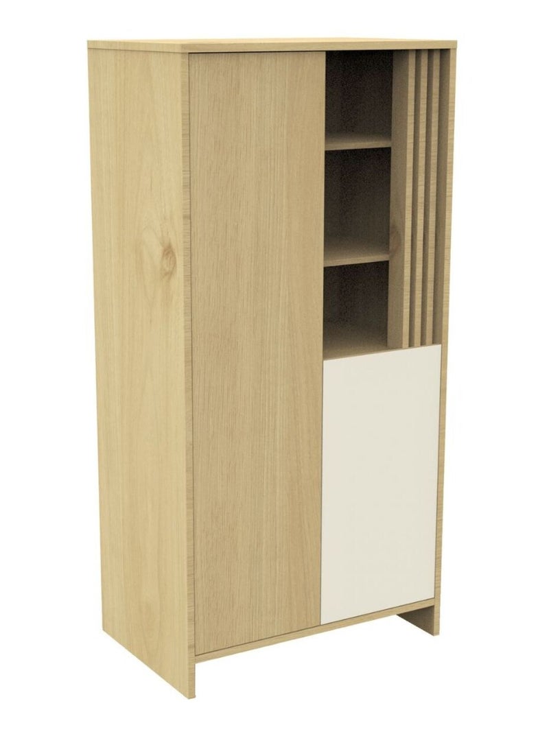 Kleerkast met 2 deuren en 1 open vak met houten lattenwand in zachte eik decor Wit Bruin - Kiabi