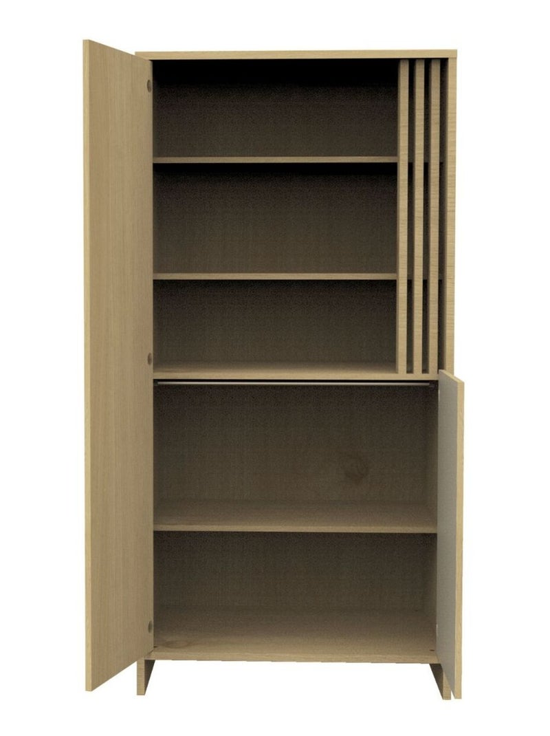 Kleerkast met 2 deuren en 1 open vak met houten lattenwand in zachte eik decor Wit Bruin - Kiabi