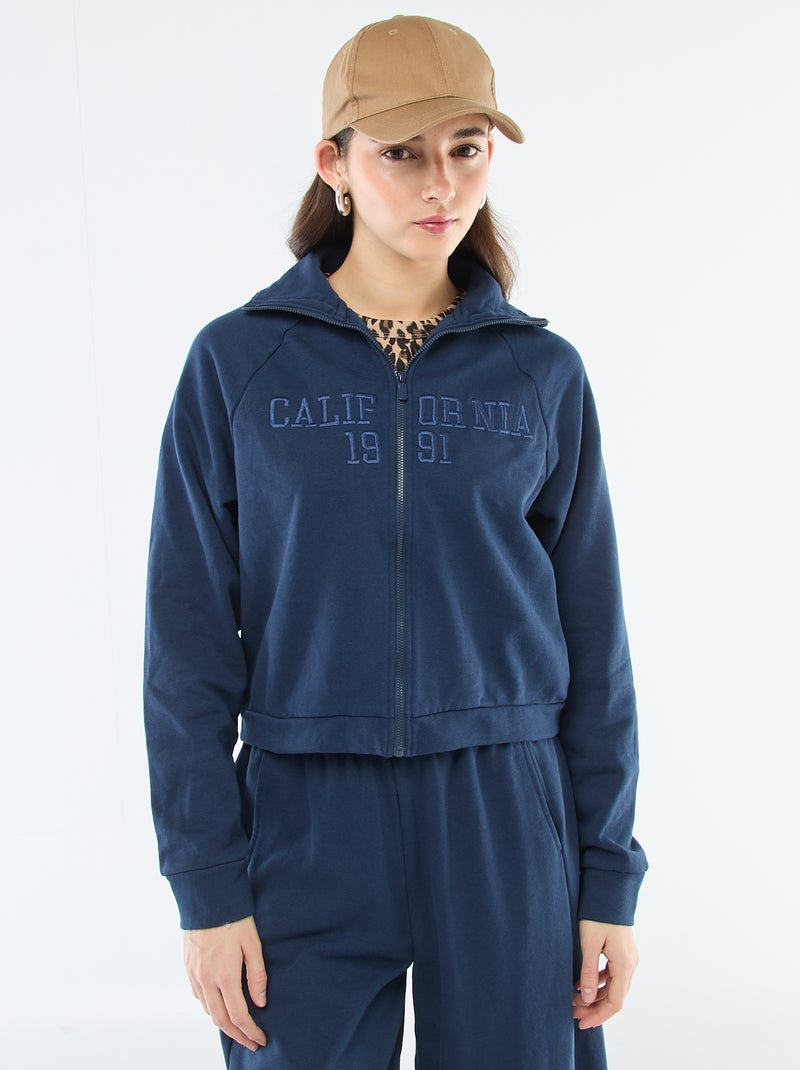 Kort sweatshirt met rits en geborduurde boodschap Blauw - Kiabi