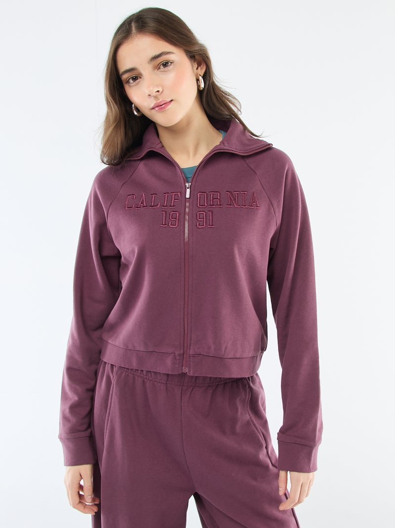 Kort sweatshirt met rits en geborduurde boodschap Paars - Kiabi