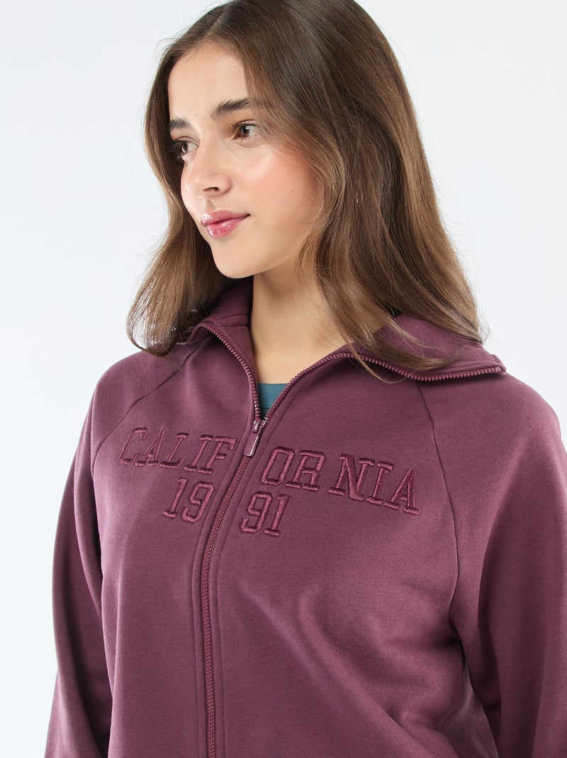 Kort sweatshirt met rits en geborduurde boodschap Paars - Kiabi