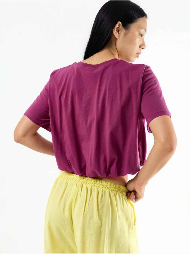 Korte blouse met ronde hals en elastiek busem Magenta - Kiabi