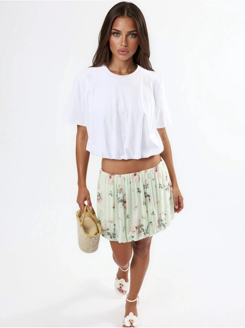 Korte blouse met ronde hals en elastiek busem Wit - Kiabi