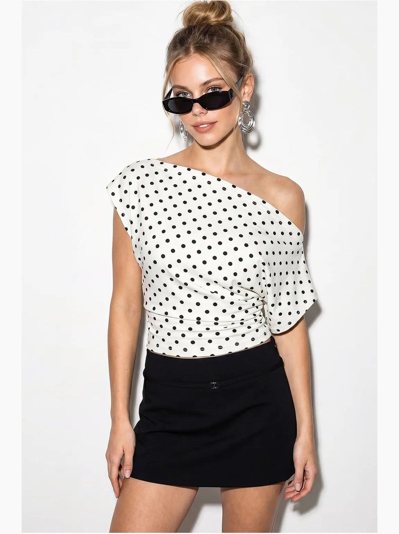 Korte blouse met stippen en blote schouders lucci Gebroken wit - Kiabi