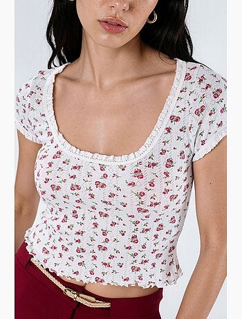 Korte blouse met u-hals met bloemen en ruches busem