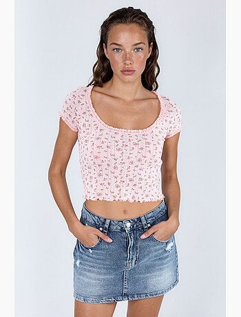 Korte blouse met u-hals met bloemen en ruches busem