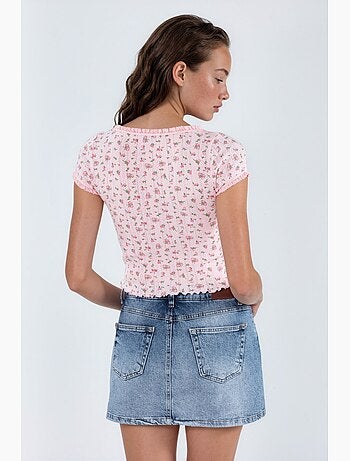 Korte blouse met u-hals met bloemen en ruches busem