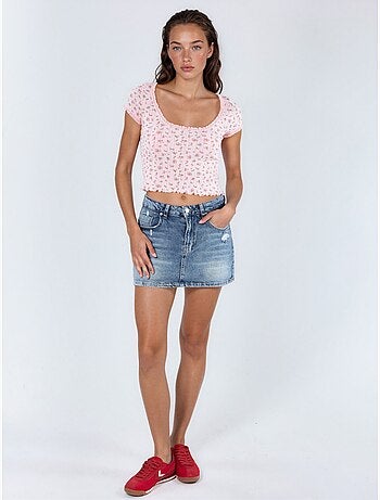 Korte blouse met u-hals met bloemen en ruches busem