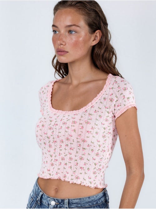 Korte blouse met u-hals met bloemen en ruches busem - Kiabi