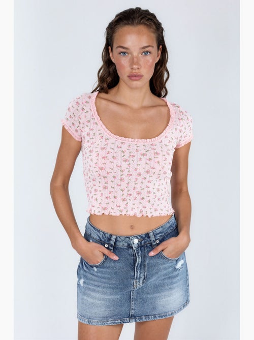 Korte blouse met u-hals met bloemen en ruches busem - Kiabi