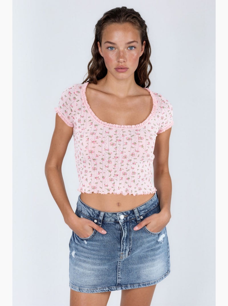 Korte blouse met u-hals met bloemen en ruches busem Oudroze - Kiabi