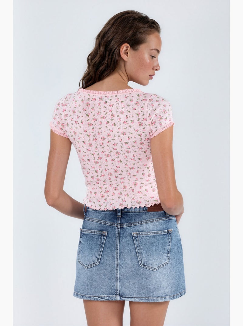 Korte blouse met u-hals met bloemen en ruches busem Oudroze - Kiabi