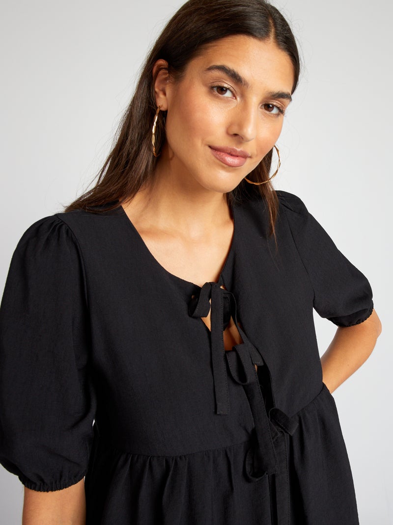 Korte bollende blouse met strikjes zwart - Kiabi