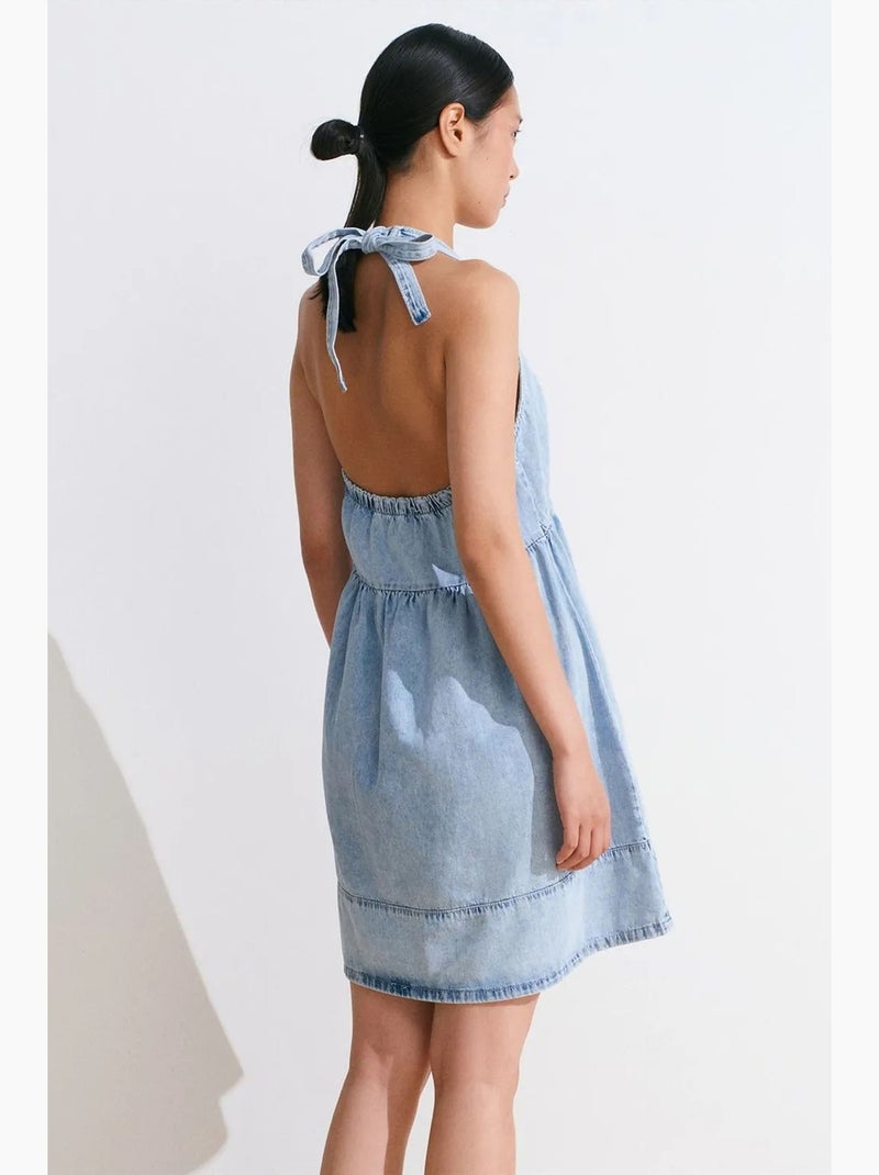 Korte denim jurk van katoen met halter dilvin Saffierblauw - Kiabi