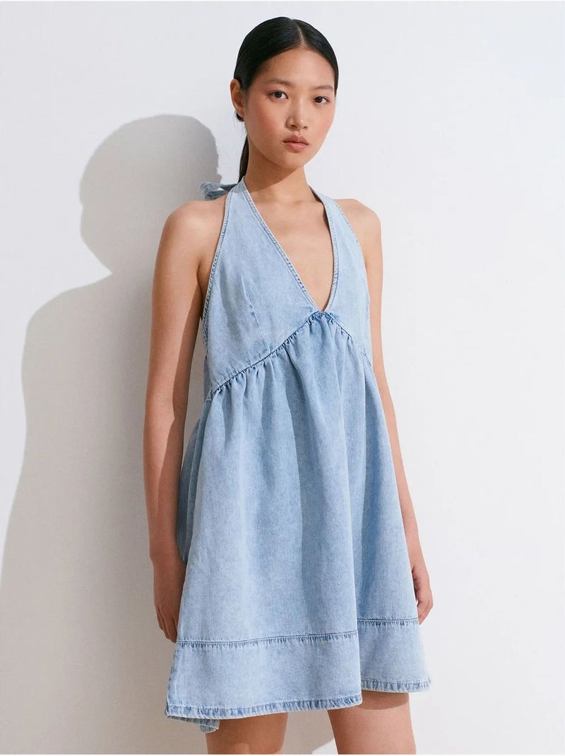 Korte denim jurk van katoen met halter dilvin Saffierblauw - Kiabi