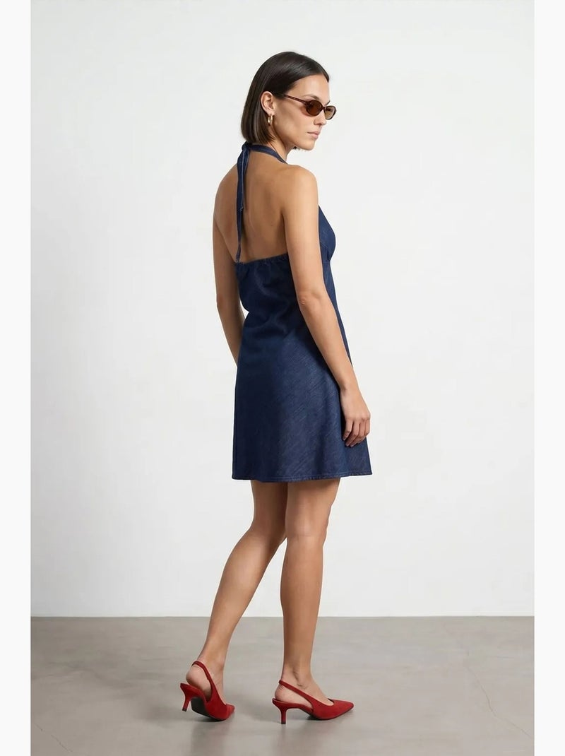 Korte denim mini-jurk met halter dilvin Saffierblauw - Kiabi
